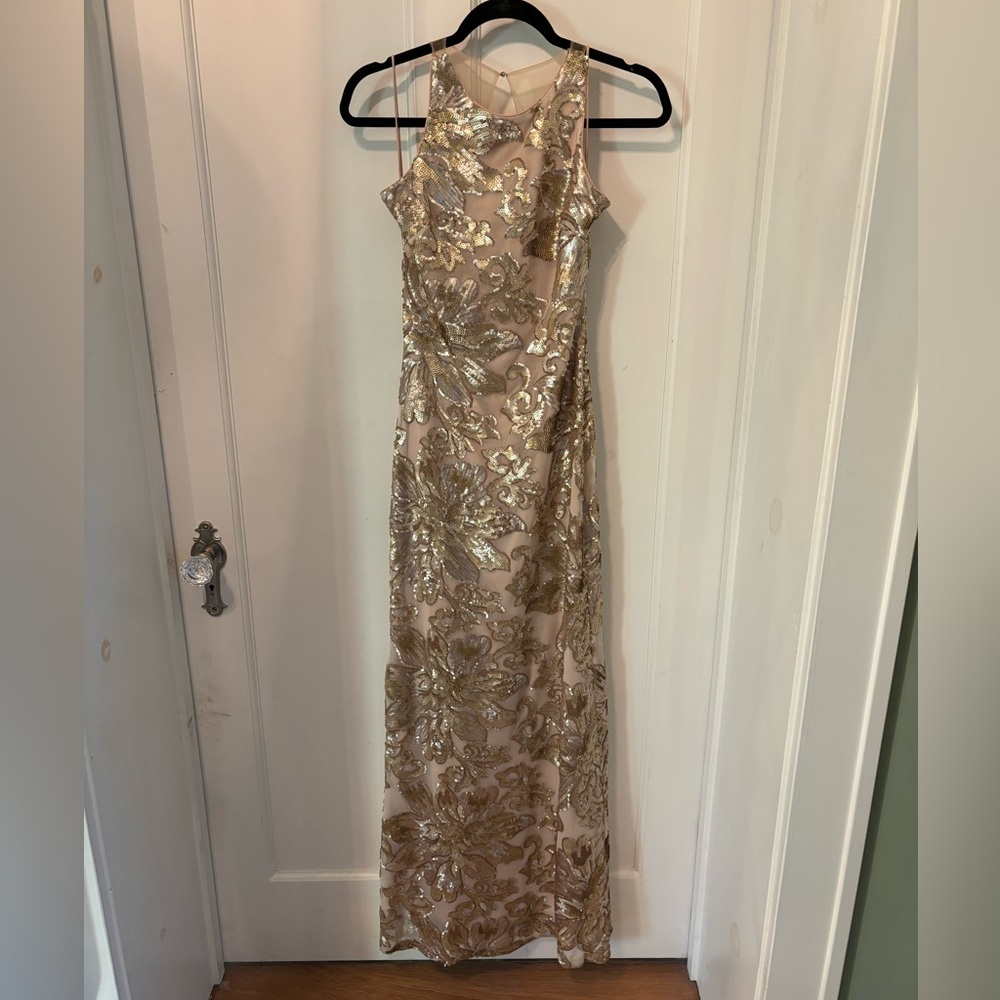 Belle Badgley Mischka dress. Gold sequins. Full length, size 0.